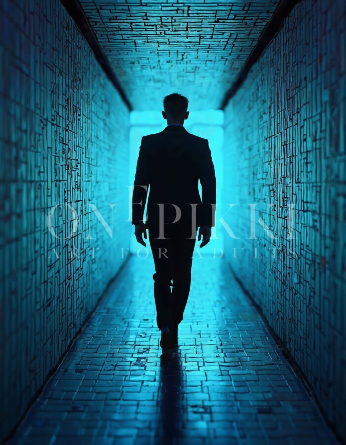 Male walking in a surreal hallway