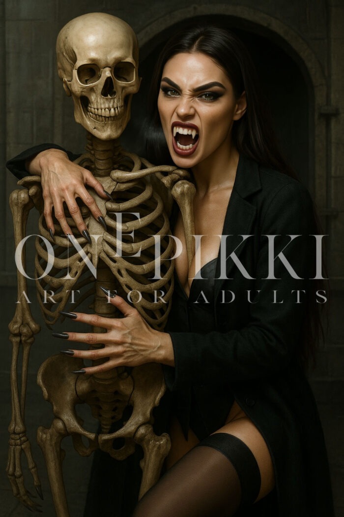 Vampire cuddles a skeleton