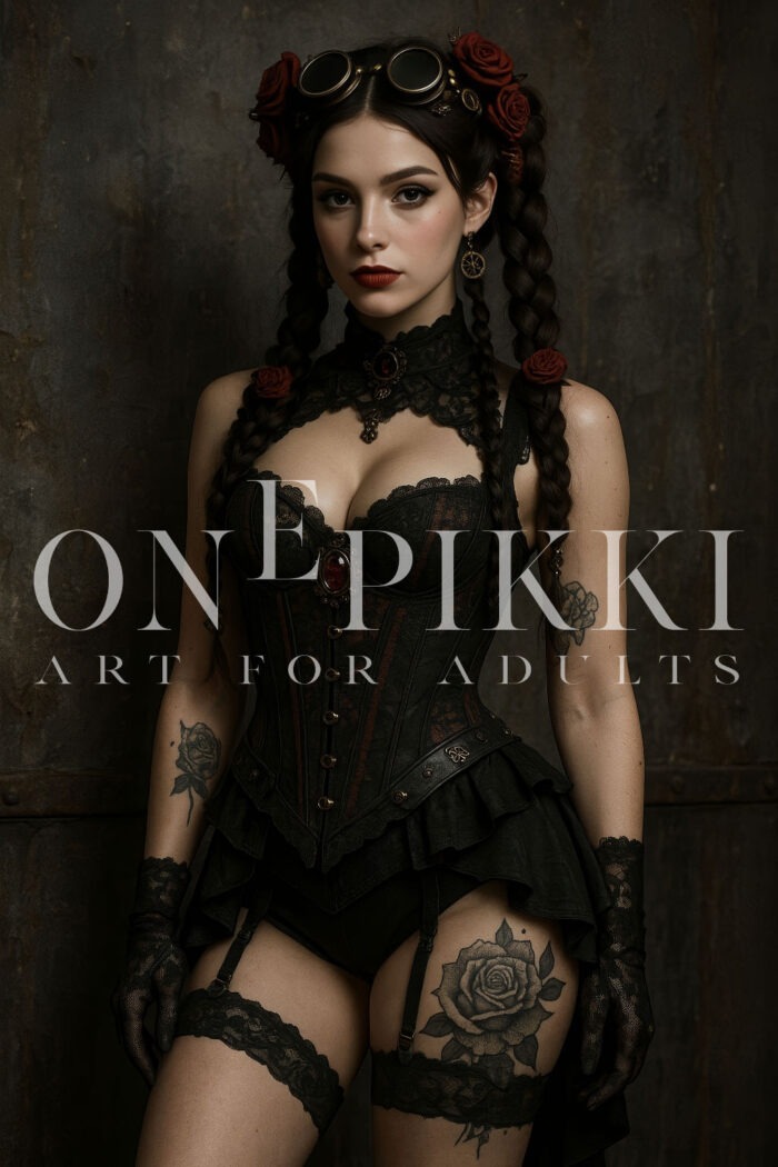 Attractive Gothic Steampunk Woman – Dark Elegance Portrait at Wall