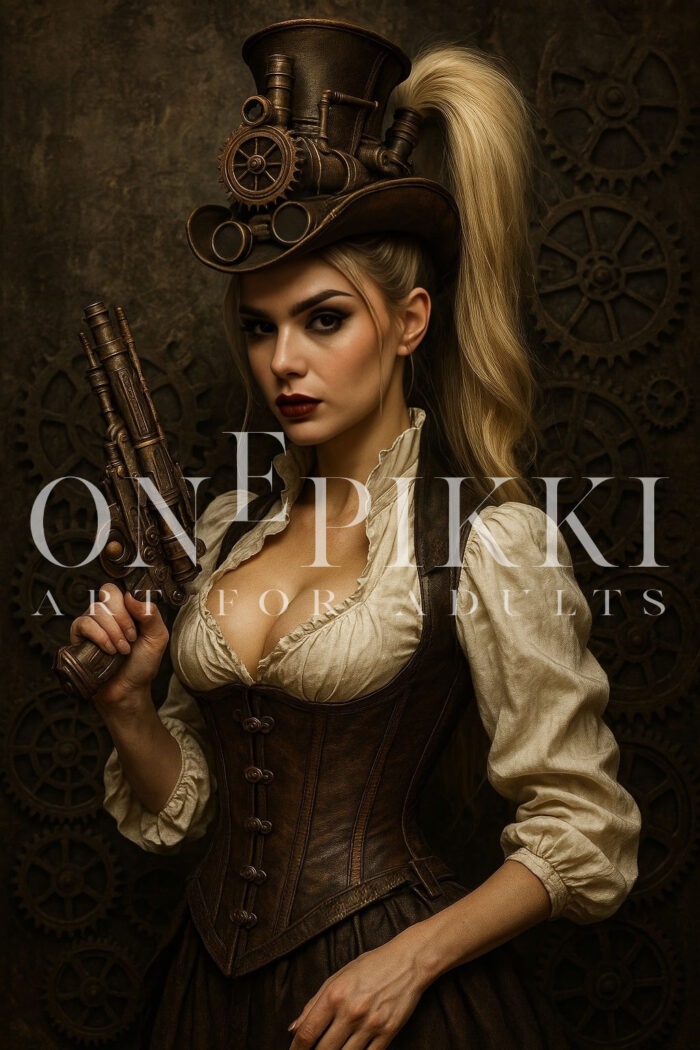 Blonde Steampunk Woman with Gun – Leather Corset Fantasy Portrait