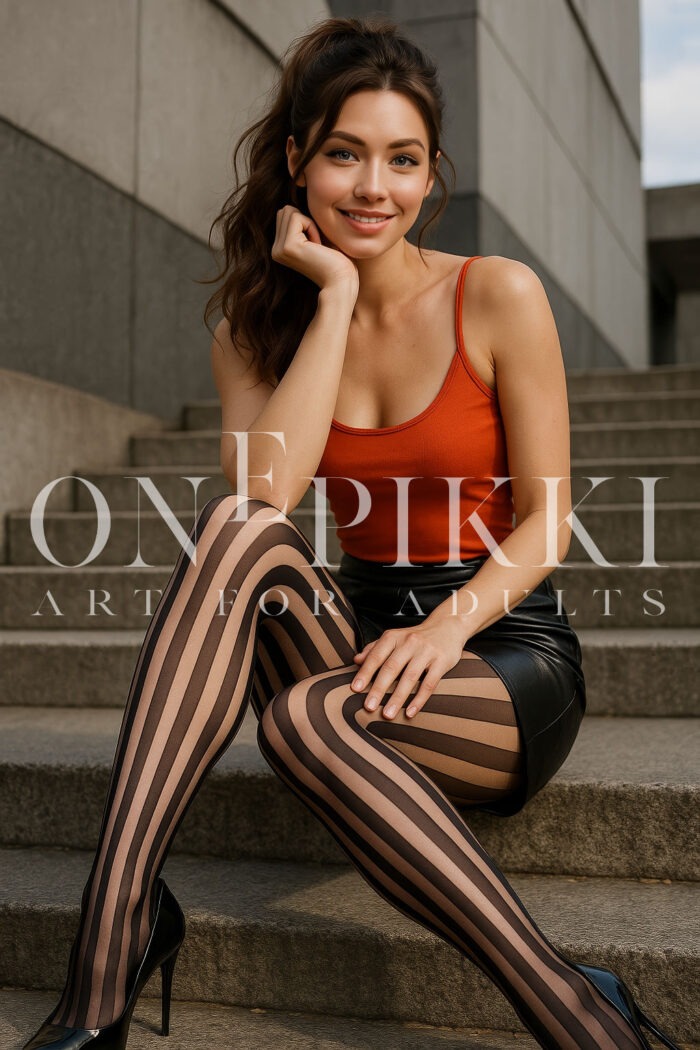 Woman in Leather Skirt and Striped Nylons – Sitting Urban Portrait