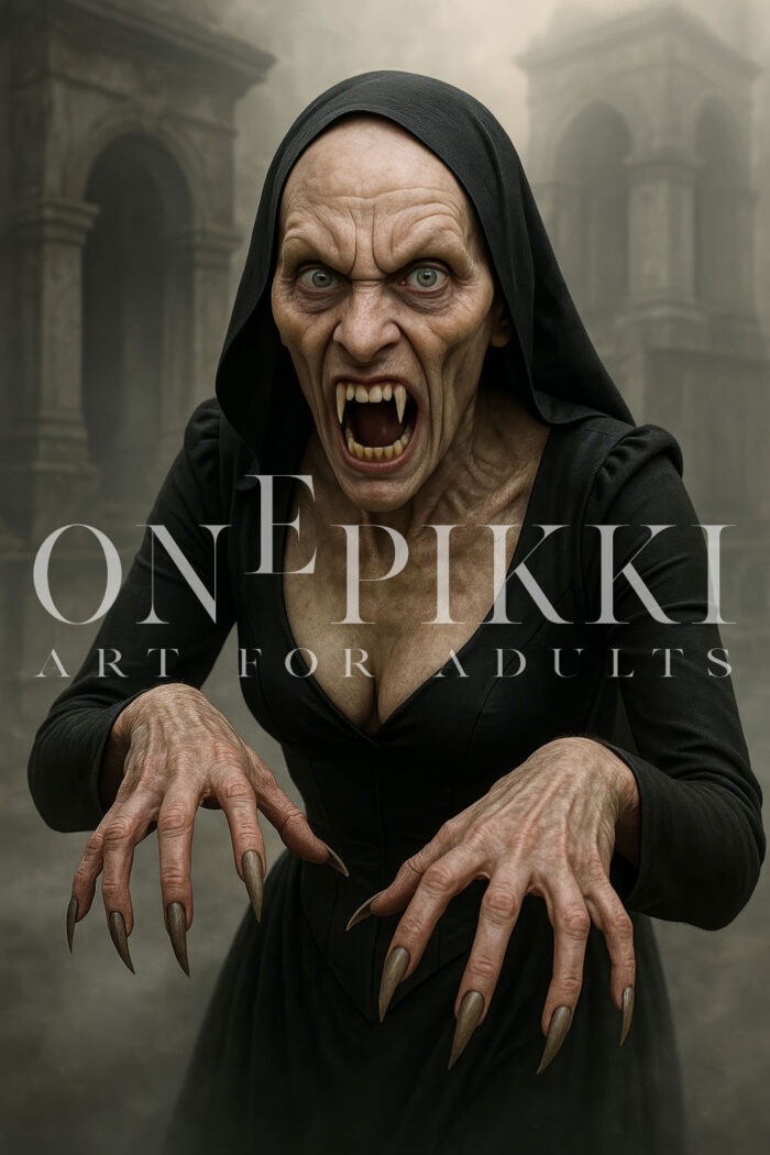 Vampire Nun Screaming – Horror Claws and Fangs Portrait