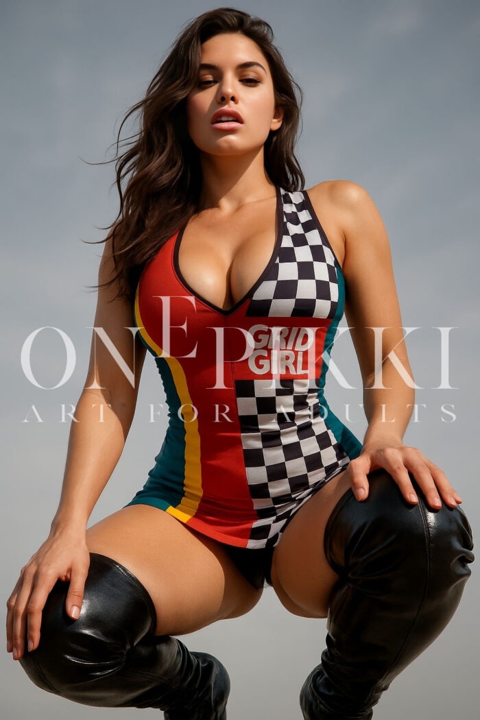 Grid Girl Kneeling in Leather Boots – Motorsport Latex Style Portrait