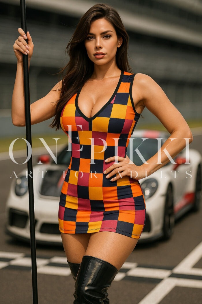 Grid Girl Standing in Leather Boots – Motorsport Latex Style Portrait