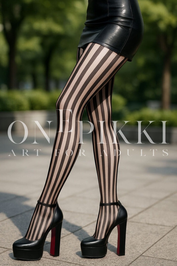 Striped Pantyhose and High Heels – Leather Fashion Legs Close-Up