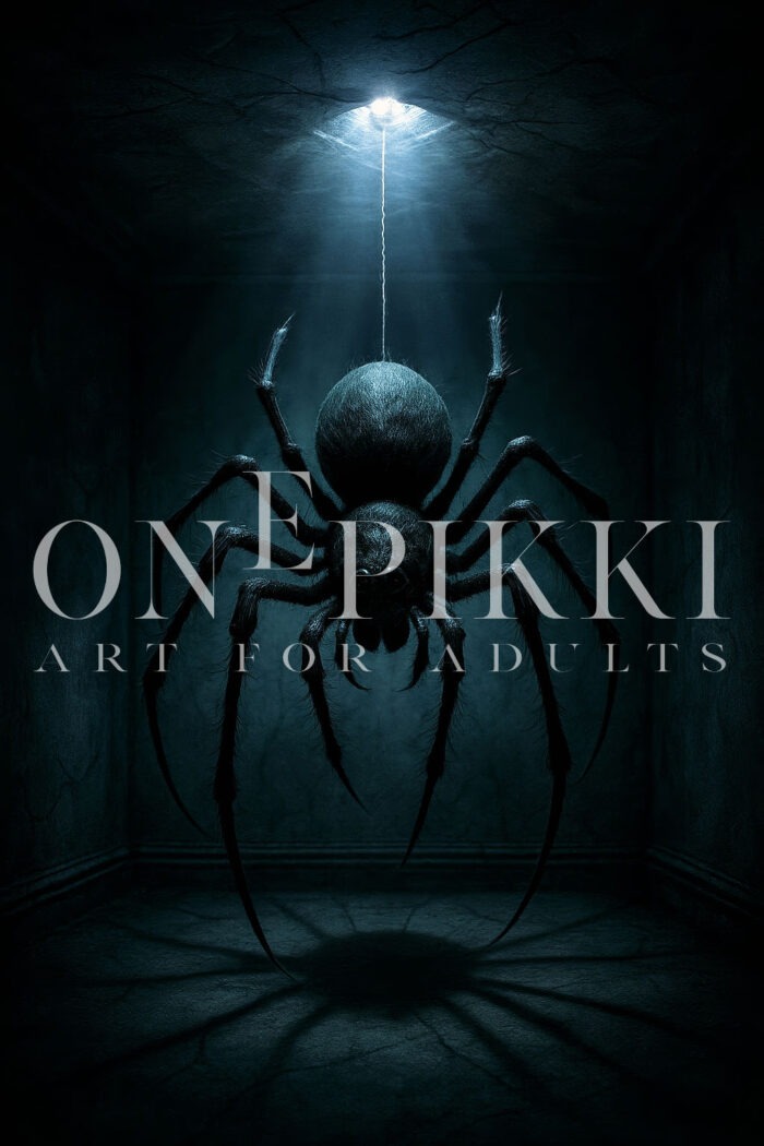 Ominous Spider Descending – Horror Creature in a Dark Room