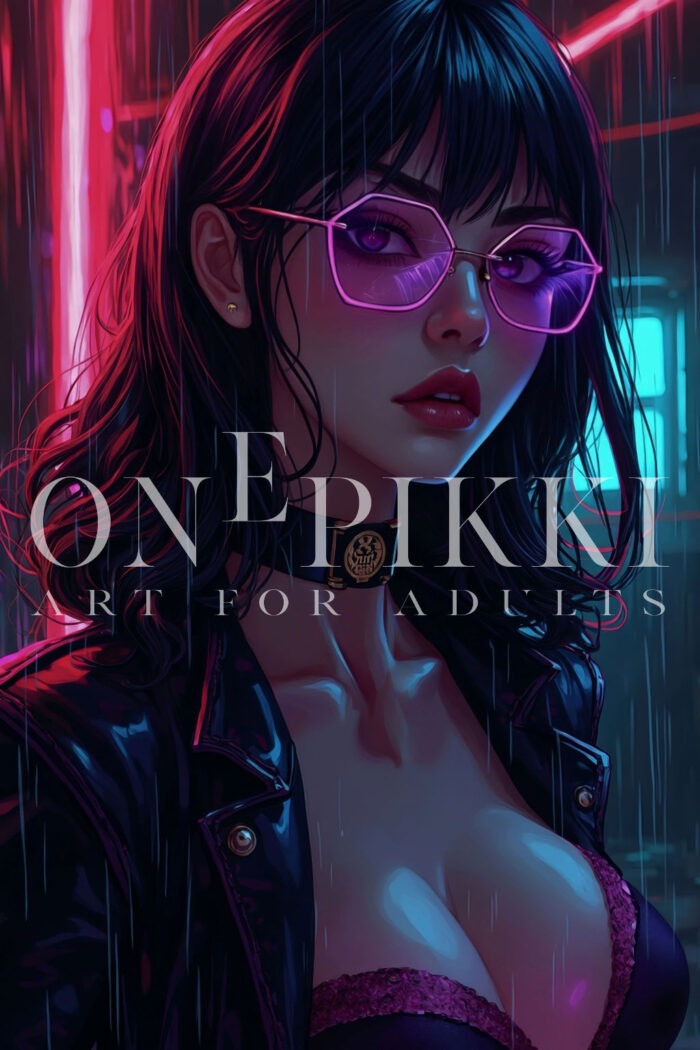 Cyber Rain – Anime Girl in Leather and Neon Glow