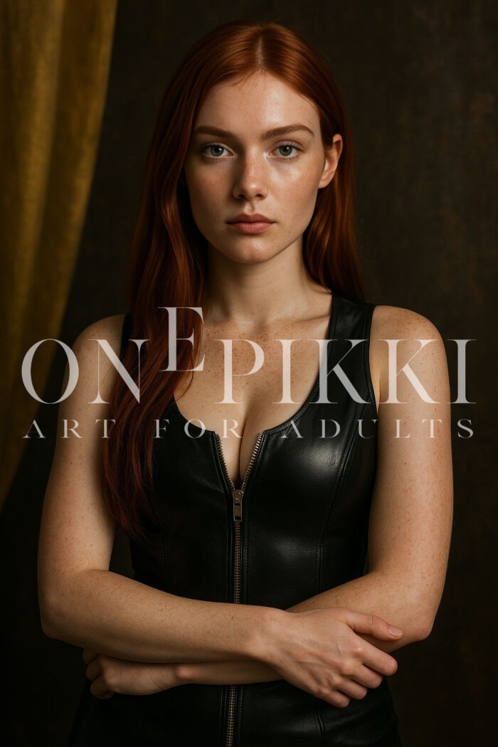 Crimson Focus – Red-Haired Woman in Leather Dress (4K Art Print)