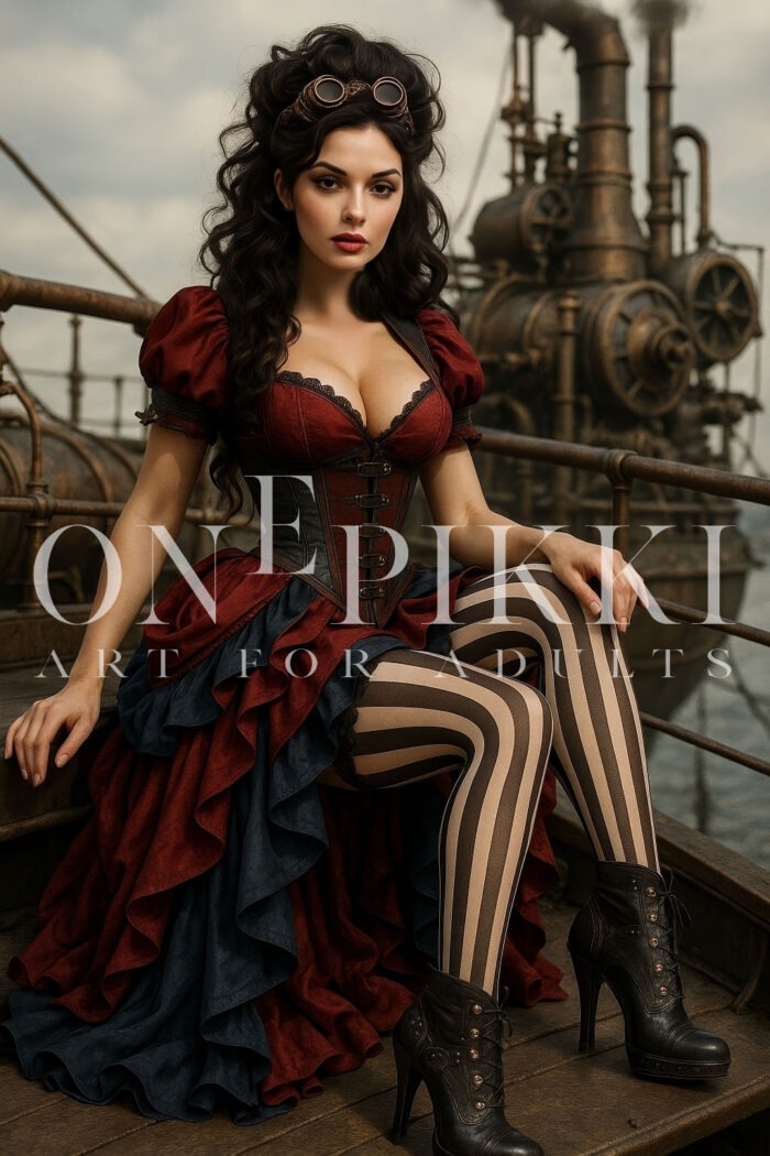 Steampunk Woman on Steamboat – Elegant Fantasy Portrait