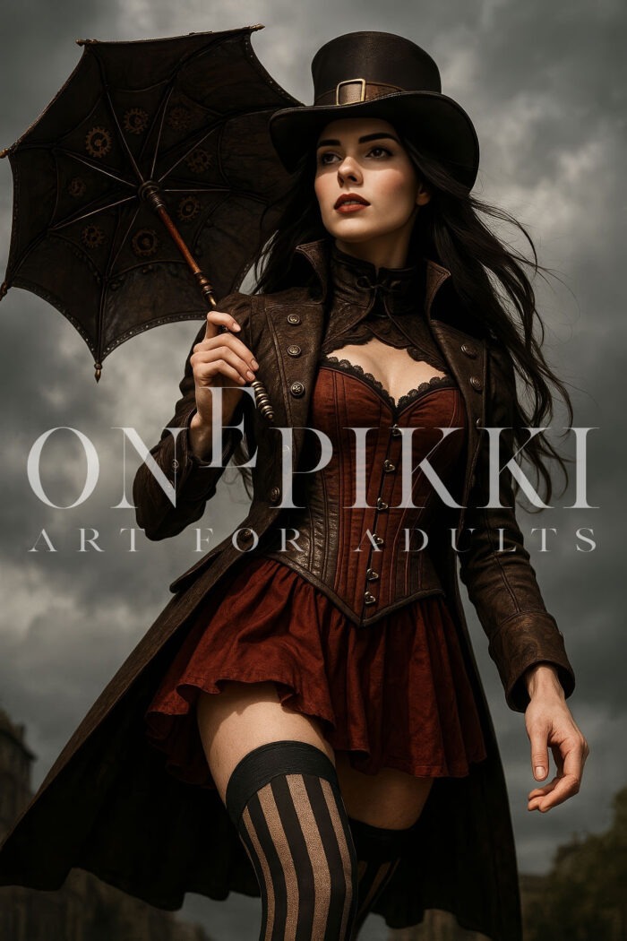 Steampunk Woman with Umbrella – Low-Angle Fashion Portrait